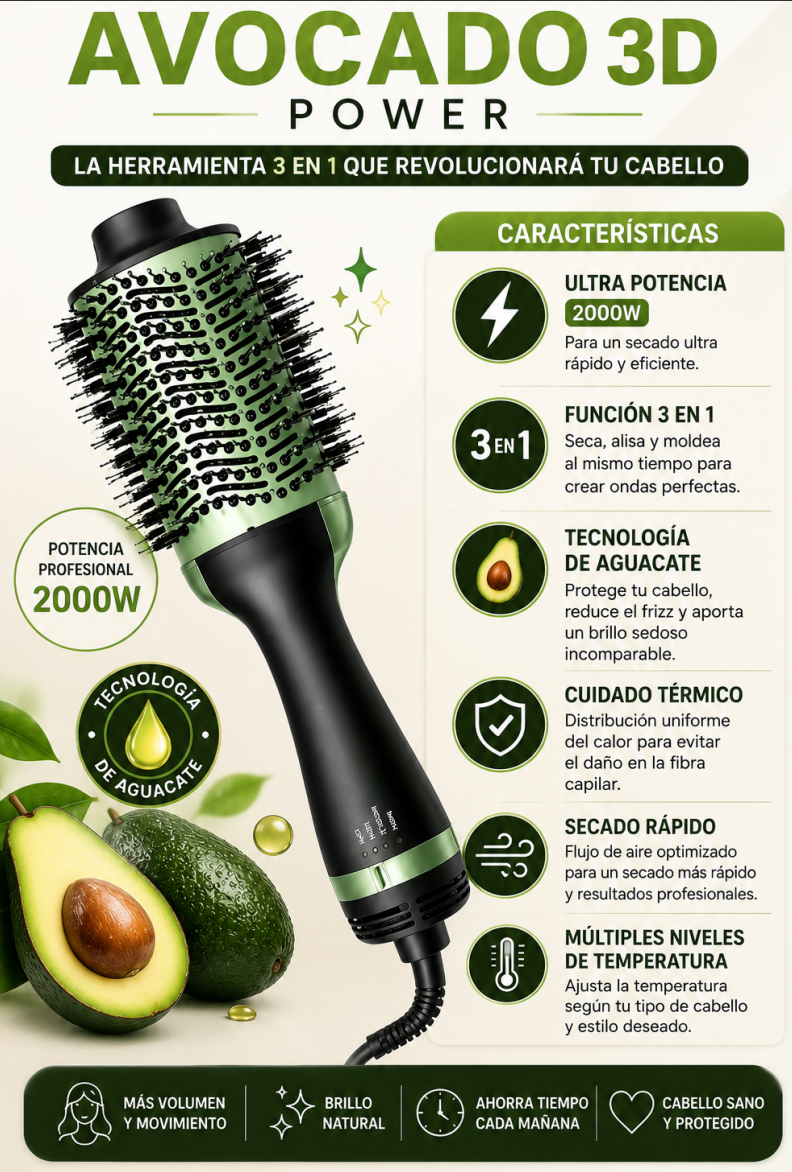 🥑✨ CEPILLO SECADOR Y MODELADOR AVOCADO 3D POWER ✨🥑