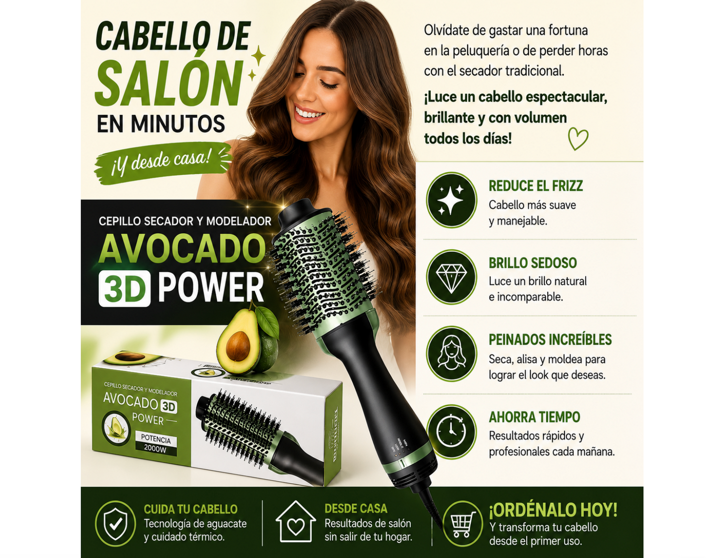 🥑✨ CEPILLO SECADOR Y MODELADOR AVOCADO 3D POWER ✨🥑