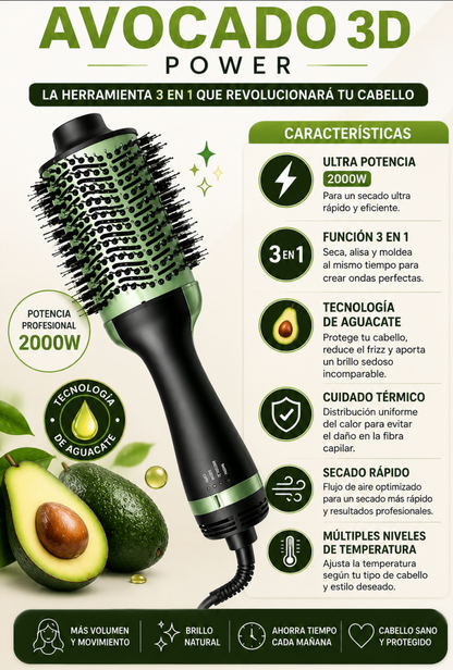 🥑✨ CEPILLO SECADOR Y MODELADOR AVOCADO 3D POWER ✨🥑